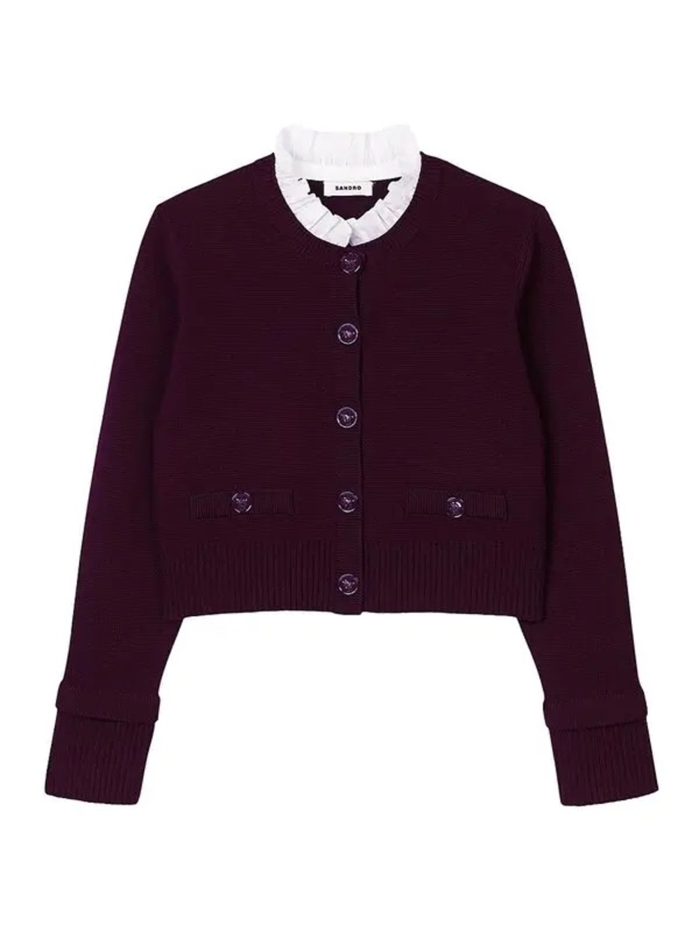 NWT) Sandro Burgundy Wool-Blend Ruffled-Collar Cardigan